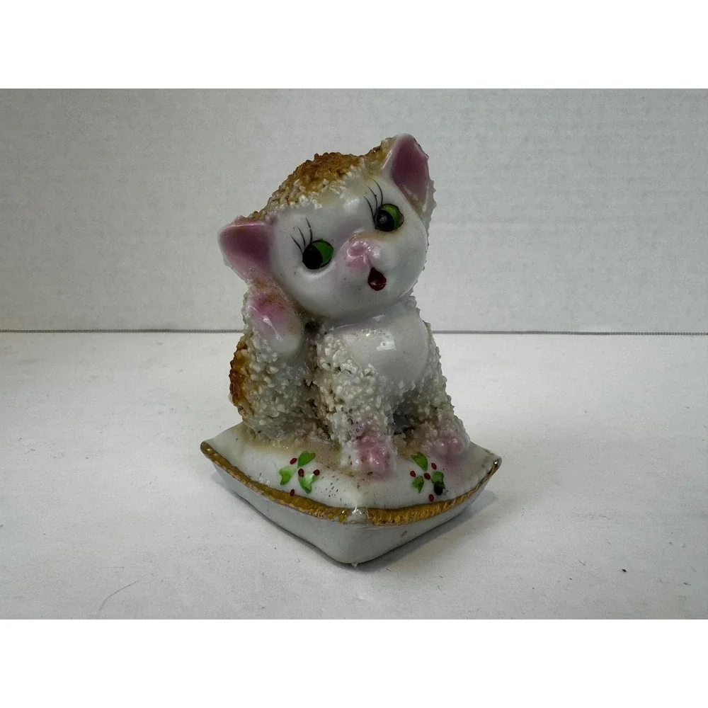 VTG Spaghetti Porcelain Cat Salt Shaker Figurine on Pillow Japan Mid Century
